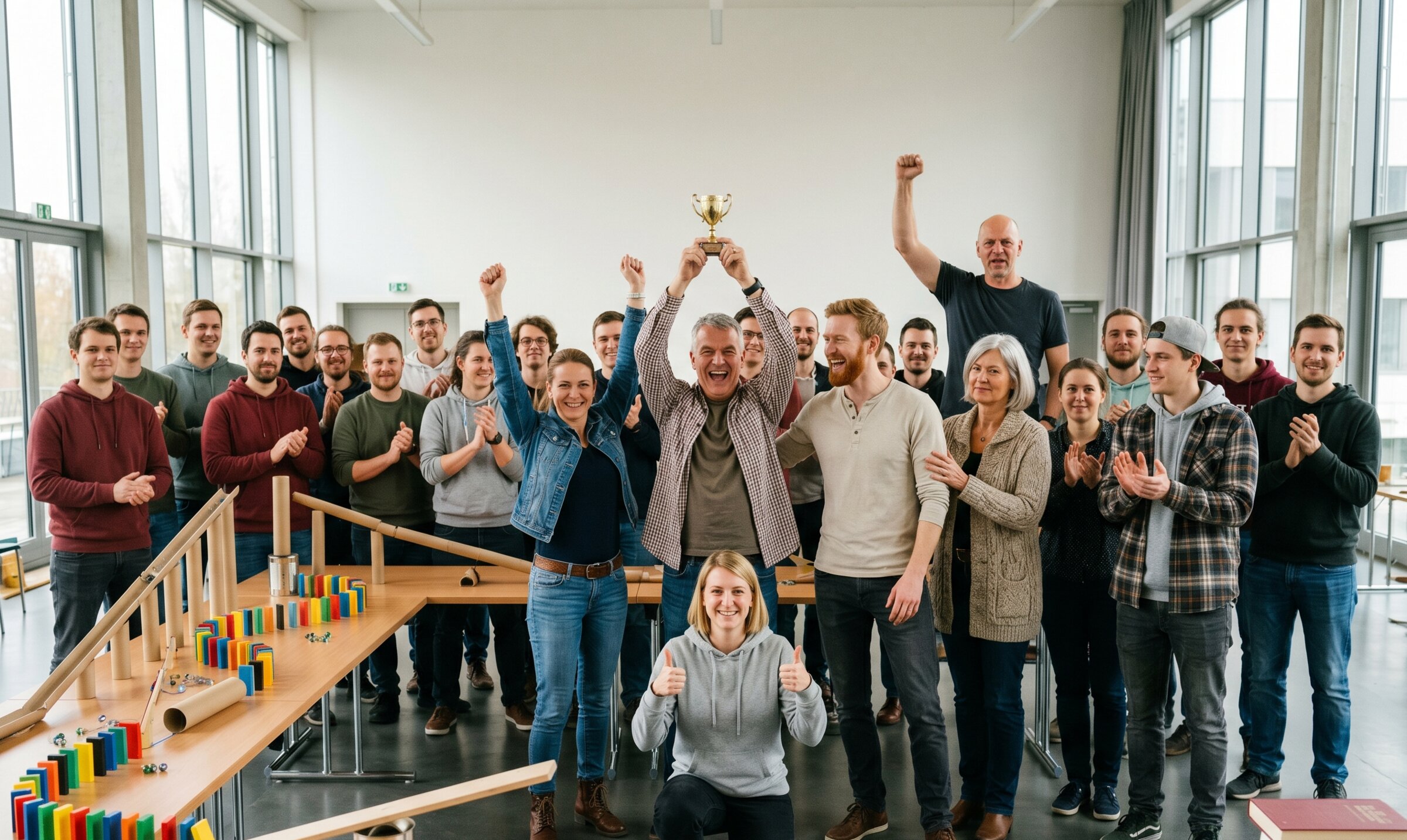 Team beim gemeinsamen Aufbau der großen Kettenreaktion